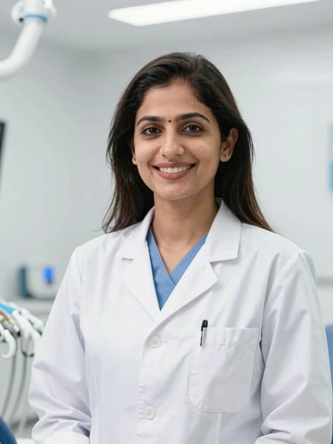 A professional portrait of Dr. Simran, a female dentist in clean white clinical attire, smiling warmly in a bright, modern Zirakpur dental clinic, soft daylight.