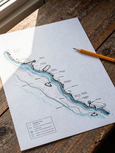 Overhead flat-lay of a hand-drawn tide and season map spread on a rough wooden table, a pencil resting across one corner, morning coastal light coming from the left, paper texture and ink marks clearly visible