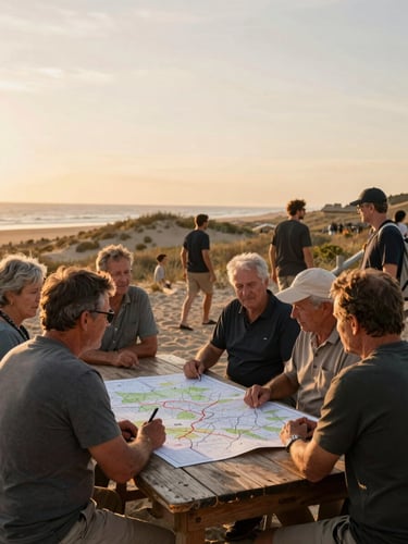 Wide environmental shot, golden hour coastal light, a group of local residents gathered around a hand-drawn map spread on a weathered wooden table outdoors, dune ridge visible in the mid-ground behind them, figures in natural movement and conversation, warm ochre tones of late afternoon, no posed smiles, documentary framing