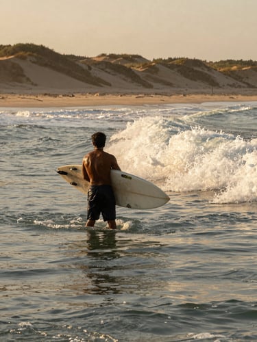 Documentary-style shot in golden hour light, a local surf instructor standing waist-deep in calm water at the shore break, board under one arm, looking toward an incoming set — shot from the beach with the dune line behind them, warm ochre light on the water, no posed expression, movement implied