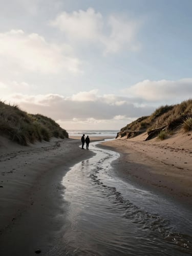 Overcast coastal morning, a narrow tidal channel cutting through dark wet sand between two dune formations, a pair of people standing at the edge gauging the water level, low flat light, no harsh shadows, wide environmental framing showing the scale of the dune walls on either side