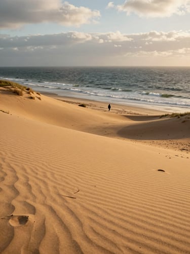 Wide environmental shot from a low dune ridge looking toward the Atlantic, golden-hour light raking across the sand, a single figure walking along the waterline far below — landscape dominant, human scale present, overcast coastal sky above