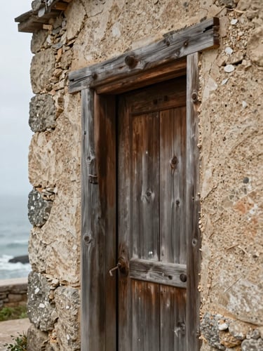 Close architectural detail of a weathered timber door frame set into rough-plastered stone wall, Pipa vernacular construction, overcast coastal light from the left, shallow depth of field on the grain and texture of aged wood, no people, no signage