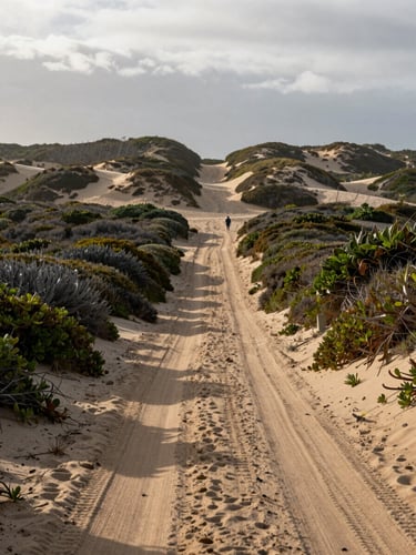 Overcast coastal morning, a narrow sandy road flanked by low native vegetation leading toward the dune ridge at Pipa, worn tire tracks visible in the sand, a local resident on foot in the middle distance, muted natural light, wide environmental framing showing the road's relationship to the dune landscape