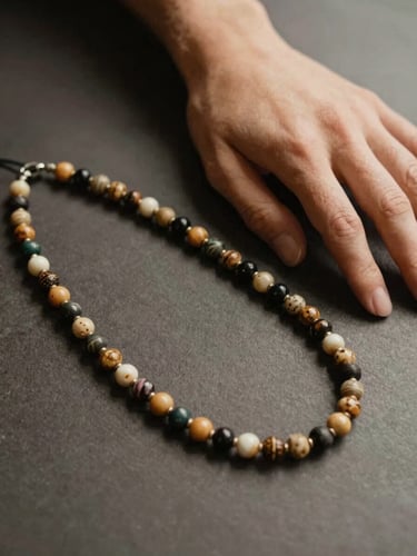 Close-up of a maker's hand resting beside a finished beaded necklace on a dark neutral surface, warm natural light from the side, calm and still, no face visible, presence communicated through the hand alone
