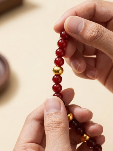 Extreme close-up of a maker's hands holding a singular hand-beaded sacred medallion, warm natural daylight from the left, individual beads in deep red and burnished gold sharp in the foreground, shallow focus dissolving into a soft cream background, no props, no styling