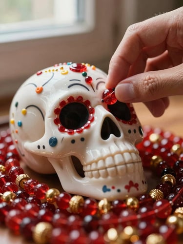 Extreme close-up of hands placing individual beads onto a Day of the Dead skull form, warm natural window light falling across the fingers and the dense field of red and gold beads already set, shallow depth of field with bead texture sharp in the foreground