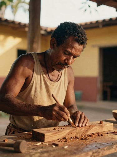 Candid portrait of a Bahian artisan carving wood in a sunlit courtyard, warm golden-hour light, rich earth tones, 35mm film grain