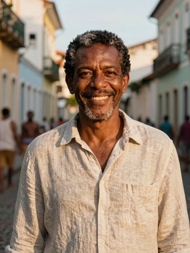 Intimate candid portrait of a warm-smiling Afro-Brazilian man in his late 40s, linen shirt, standing in a colorful Salvador street, soft background blur, golden hour