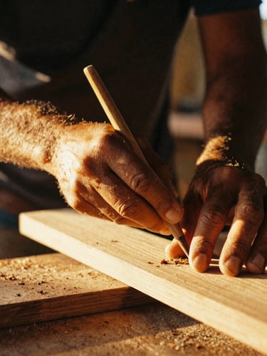 Close-up environmental shot of a master artisan's hands carving wood in a sunlit Bahia workshop, warm golden-hour light, 35mm film grain