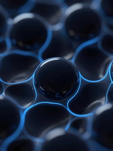 Close-up macro shot of interconnected abstract 3D fluid glass shapes, dark navy, with glowing blue lines, shallow depth of field, under dramatic rim lighting.