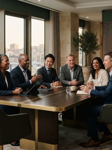 Professional portrait of a diverse, experienced executive team in a modern, elegant office setting, soft architectural lighting, 35mm