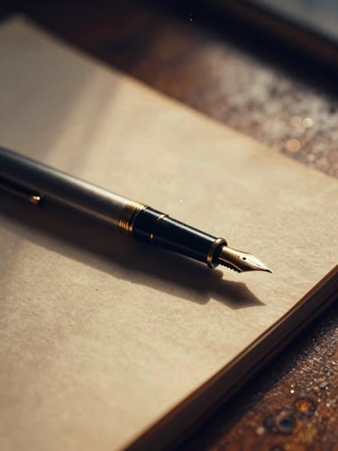 A low-key cinematic close-up of a warm tungsten-lit wooden desk, a vintage fountain pen resting on a blank manuscript page, dust motes dancing in a soft golden sunbeam, rich deep navy shadows, shallow depth of field, 35mm film.