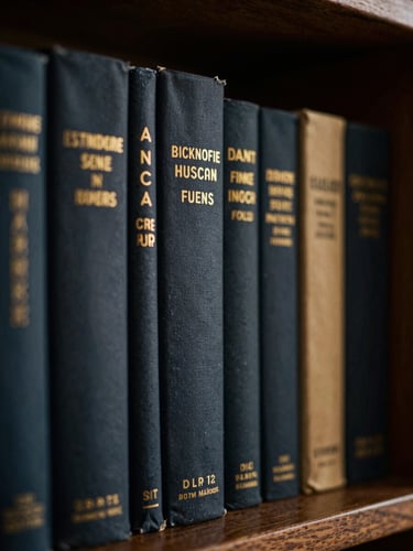 Close-up of textured book spines on a dark oak shelf, low-key tungsten lighting, rich deep navy and gold tones, shallow depth of field, 35mm film