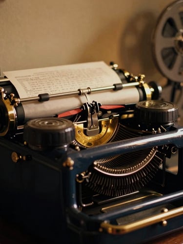 Intimate portrait crop of a vintage printing press paired with a modern film projector, warm tungsten light glinting on gold brass, deep shadows.