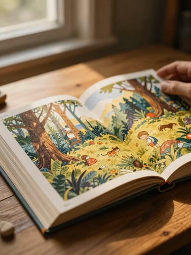 Close-up of a hand-bound children's book open on a wooden table, soft golden window light illuminating detailed watercolor pages of a forest adventure, shallow depth of field
