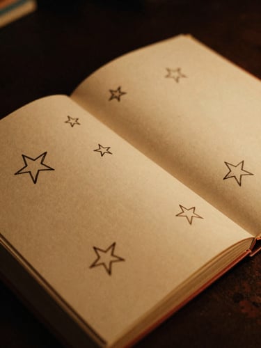 Close-up of an open children's book showing hand-drawn stars under warm tungsten light, shallow depth of field, 35mm film