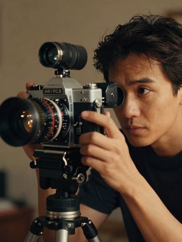 Low-key environmental portrait of a director looking through the viewfinder of a classic Arriflex 35mm film camera, warm tungsten glow, soft focus background