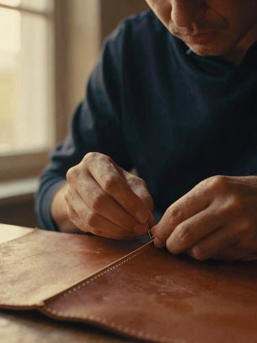 Low-key environmental portrait of an artisan bookbinder stitching a leather spine by golden-hour window light, warm cinematic photography, 35mm film