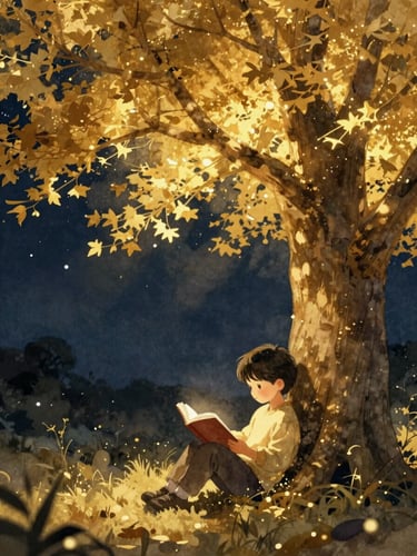 A warm watercolor illustration of a child reading under a glowing golden tree, soft starlight, magical realism, rich navy and gold tones, 35mm film feel
