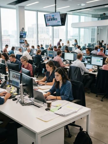 Wide photojournalism shot of a busy modern newsroom, journalists working at clean white desks, bright natural daylight, sharp focus