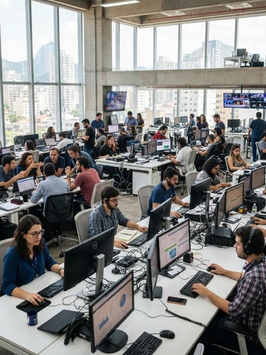 Wide environmental shot of a modern, bright Brazilian newsroom, journalists working at clean white desks with monitors, natural daylight streaming through large windows, 35mm lens, realistic color palette.