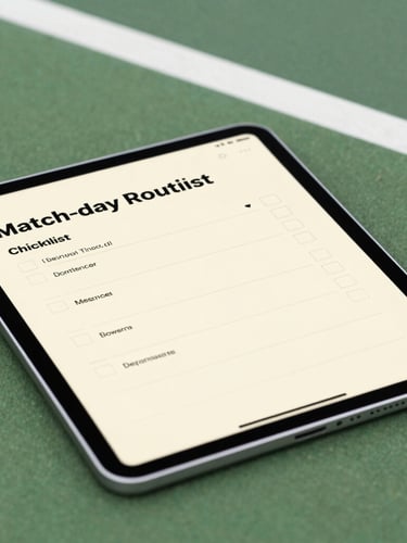 Close-up of a digital tablet showing a clean match-day routine checklist, resting on a green tennis court baseline, soft morning light.