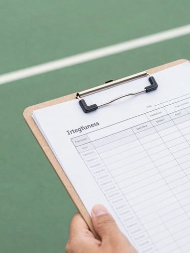 Overhead macro shot of a hand holding a printed PDF tracking worksheet on a clipboard, crisp white court lines in the background.