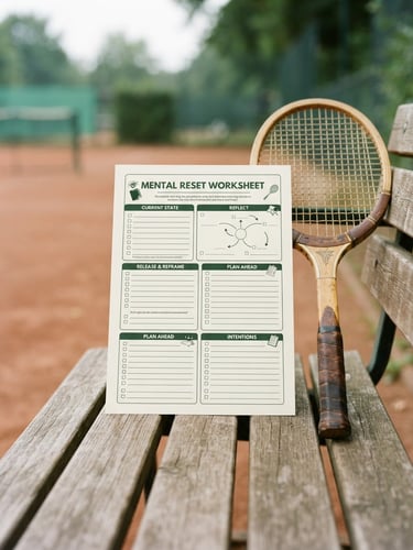 Overhead flat-lay of a printed mental reset worksheet resting on a clean wooden tennis bench beside a leather grip racket, soft overcast morning light.