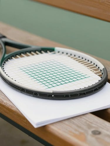 A tennis racket resting on a wooden bench next to a folded white paper routine sheet with clear green typography, soft natural daylight.