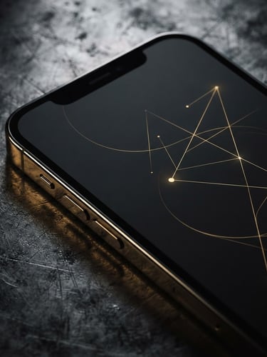 Extreme close-up of a sleek smartphone displaying a minimalist dark UI with gold accents, set against a dark textured metallic background, dramatic side-lighting, 35mm