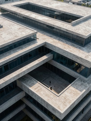 Extreme wide aerial view of modern Indian architectural geometry, sharp dramatic shadows, clean concrete and glass lines, diffused morning light.