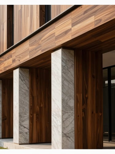 Sharp architectural geometry of a modern luxury estate in New Delhi, featuring raw teak panels and white marble columns under diffused morning light, portrait crop