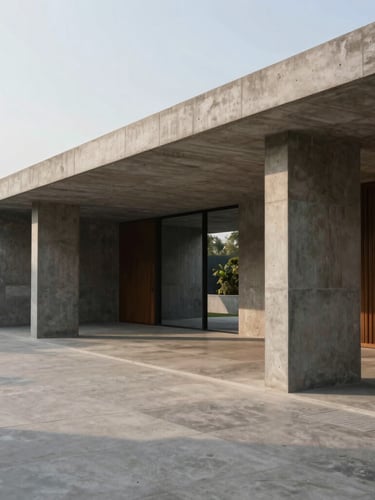 Wide-angle architectural detail of a modern concrete and teak pavilion in New Delhi, sharp geometric shadows, diffused morning light.
