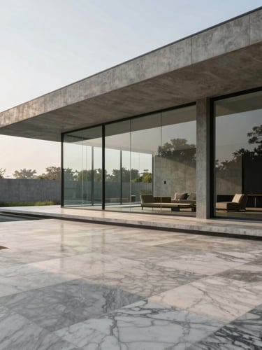 Wide architectural crop of a minimalist concrete and glass luxury pavilion in New Delhi, morning light casting sharp geometric shadows on raw marble floors.