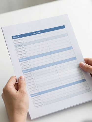 Close-up of hands holding a clean printed administrative guide document, minimalist desk background, soft natural overcast daylight