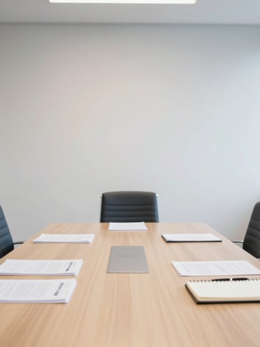 A bright, clean office meeting room in Lugano, structured composition, natural overcast daylight, a wooden table with official documents and a notebook, professional neutral atmosphere