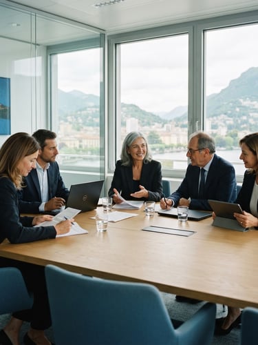 Professional portrait of a Swiss-Italian committee meeting, bright overcast daylight, clean modern office in Lugano, neutral tones, 35mm