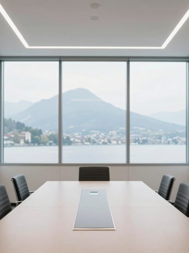 Bright overcast daylight shot of a modern office meeting room in Lugano, clean architectural lines, professional neutral atmosphere, 35mm