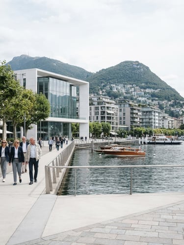 Clean environmental portrait of Lugano lakefront with modern Swiss architecture under bright overcast daylight, sharp focus 35mm