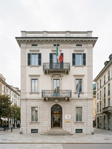 Clean architectural view of the Italian Consulate building in Lugano under bright overcast daylight, sharp focus, 35mm