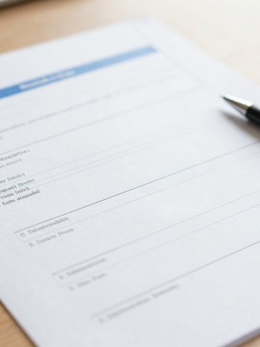 Close-up of clean official administrative documents and a pen on a wooden desk, bright natural overcast daylight, soft focus, 35mm