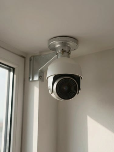 Close-up of a hardwired security camera housing mounted in the upper corner of a residential room, natural daylight from a nearby window illuminating the steel mount and conduit against a painted wall — sharp focus on the camera lens and bracket hardware, no people