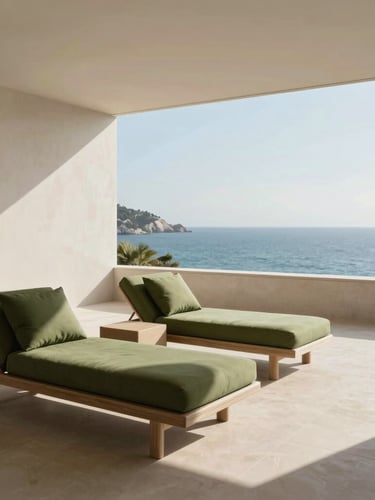 A sun-drenched minimalist luxury apartment terrace on the Mediterranean coast, clean architectural lines, olive green cushions on designer lounge chairs, soft morning shadows, wide angle.