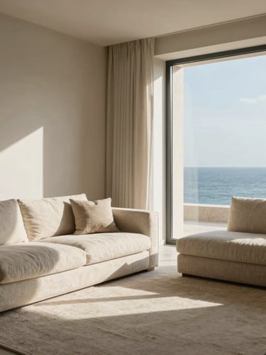 Sun-drenched minimalist living room with a sea-view window, soft Mediterranean light, premium linen textures, architectural digest style.