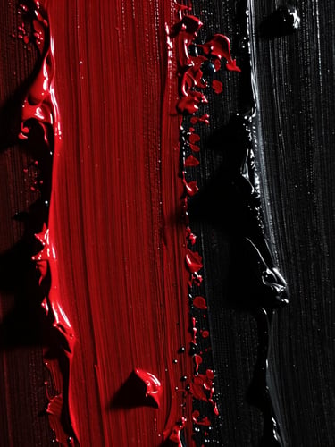 Dramatic close-up of thick red and black oil paint ridges on a canvas, side-lit with deep shadows, showing heavy impasto texture, 35mm photography