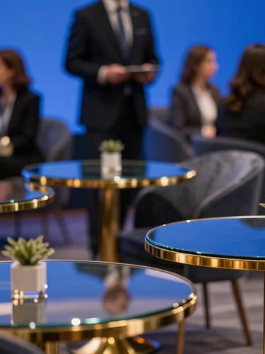Close-up of a premium corporate sponsor lounge, elegant glass tables, gold accents, professional networking atmosphere, soft blue lighting.