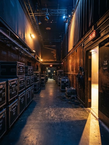 A professional backstage hallway with warm golden lighting, flight cases stacked neatly on the left, stage door with light glowing on the right, premium editorial photography
