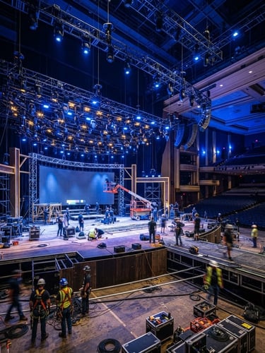 Wide environmental shot of a premium corporate event stage being assembled, professional lighting rigs, deep blue tones, sharp focus, clean architectural angles.