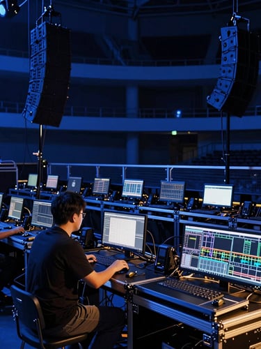 Close-up of professional stage lighting equipment and sound arrays being calibrated by technicians in a large modern arena, clean technical focus, deep blue ambient light